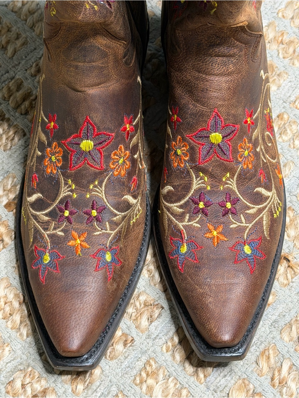 Stetson Brown Western Embroidered Cowboy Boots with Red & Orange Floral Accents